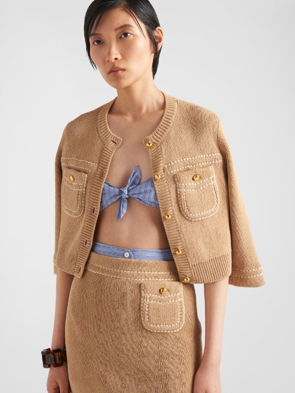 PRADA Beige Cotton Topstitch Embroidery Cropped Resort Knit Top Cardigan 38 / 2